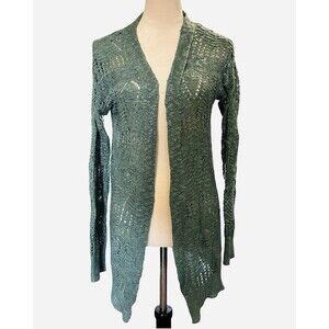 Pink Rose Sage Green Open Knit Longline Cardigan Duster